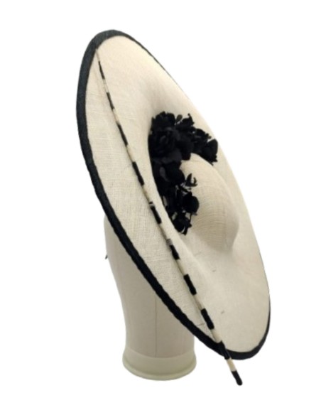 Headdress with sinamay base decorated with preserved hydrangea branches