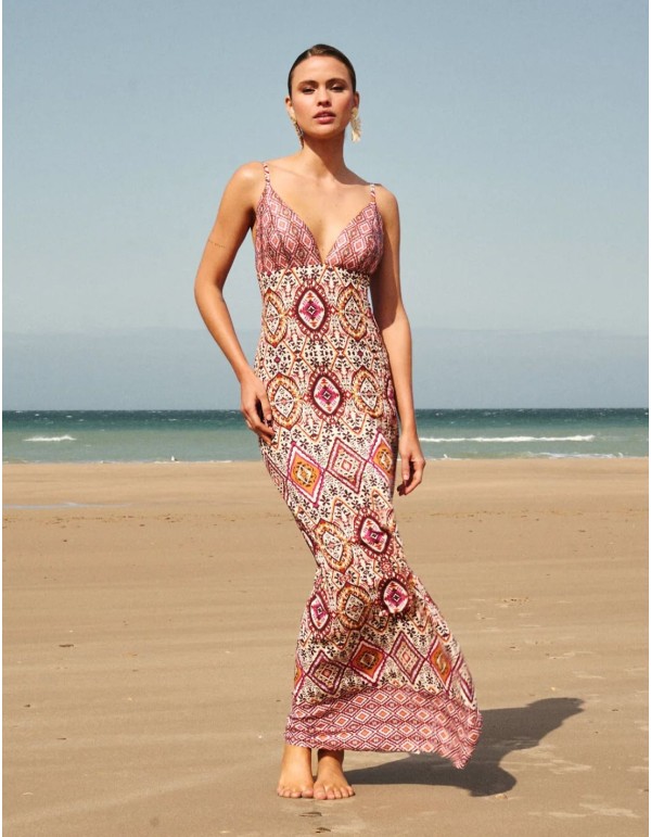 Long printed dress with V-neckline