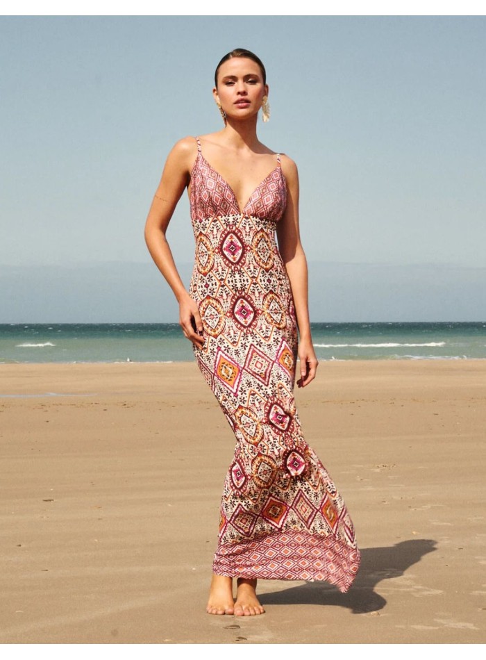 Vestido largo estampado con escote de pico
