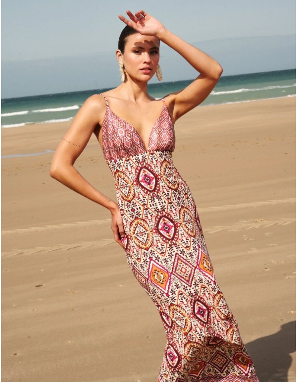 Long printed dress with V-neckline 2