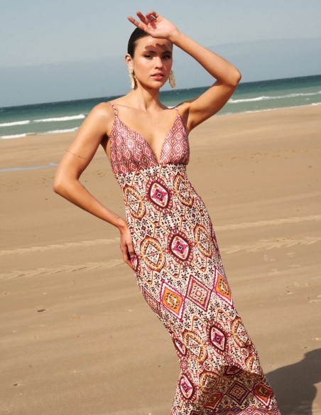 Long printed dress with V-neckline