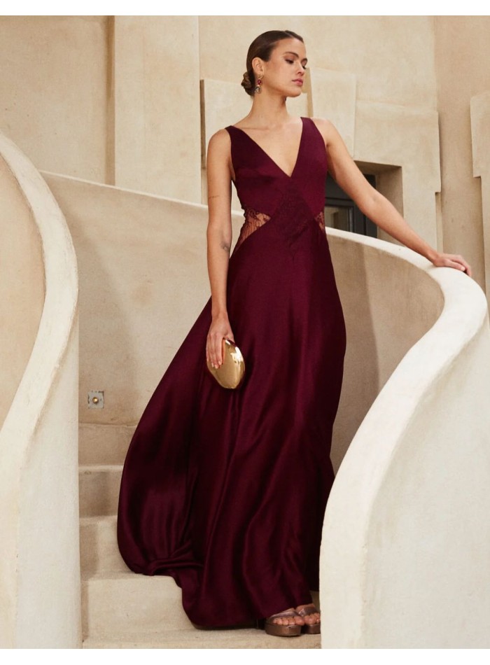 Long satin guest dress with V-neckline and lace
