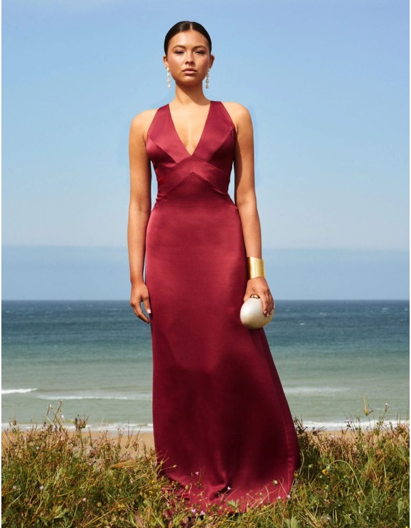 Robe longue en satin marron