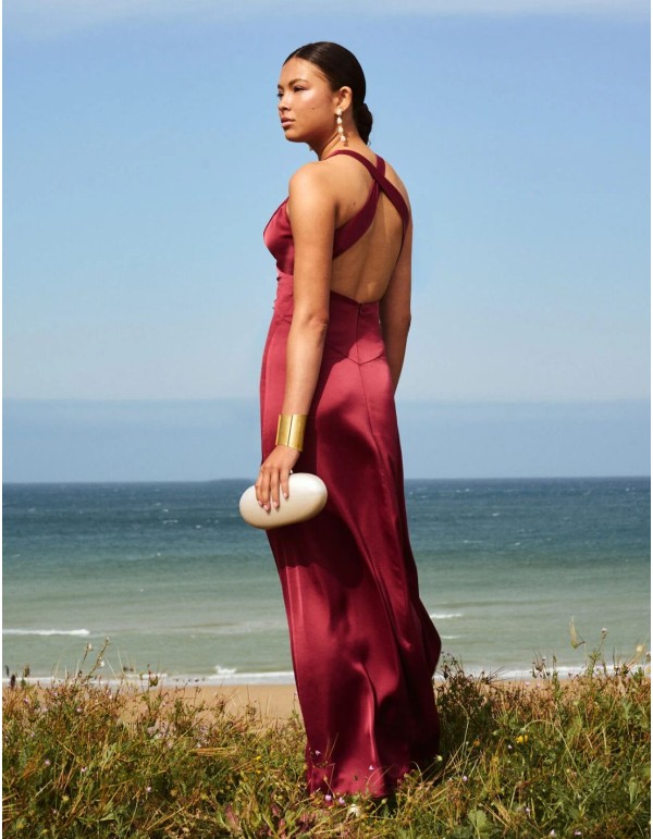 Maroon satin long dress 2