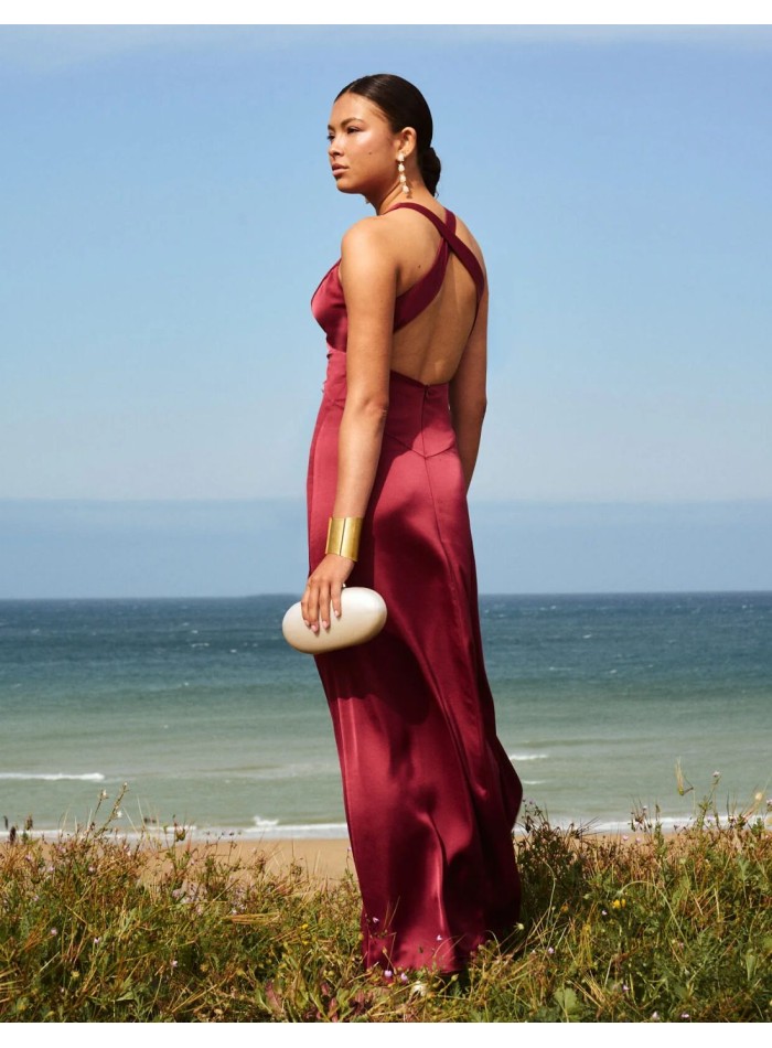 Robe longue en satin marron