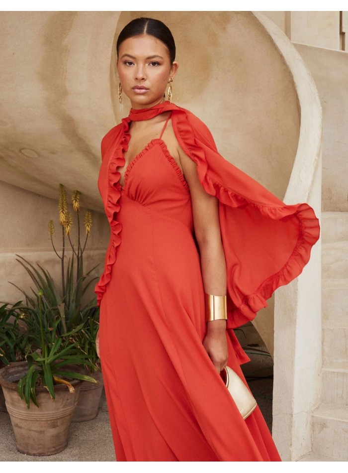 Long guest dress with thin straps and ruffle at...