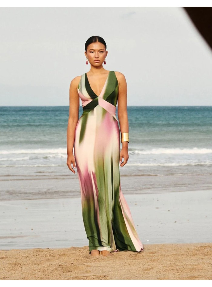 Vestido largo con estampado degradado en verde y lila