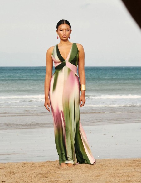 Long dress with green and lilac gradient print