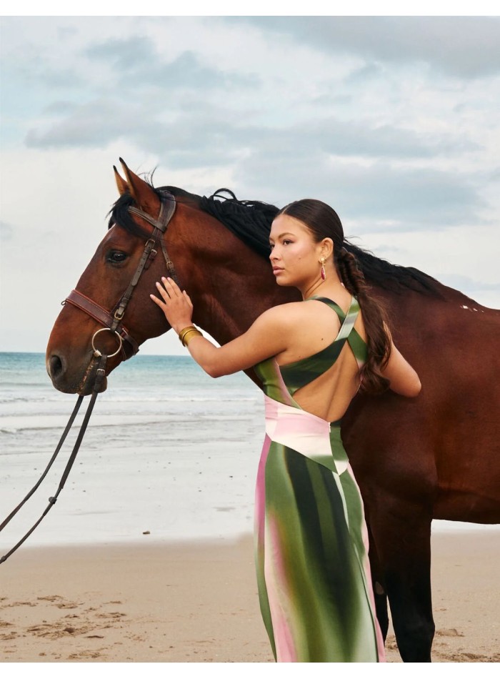 Long dress with green and lilac gradient print