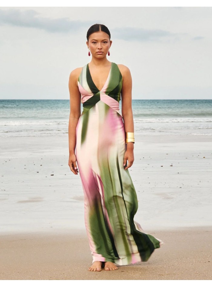 Long dress with green and lilac gradient print