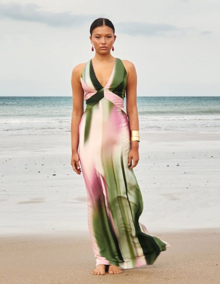 Vestido largo con estampado degradado en verde y lila