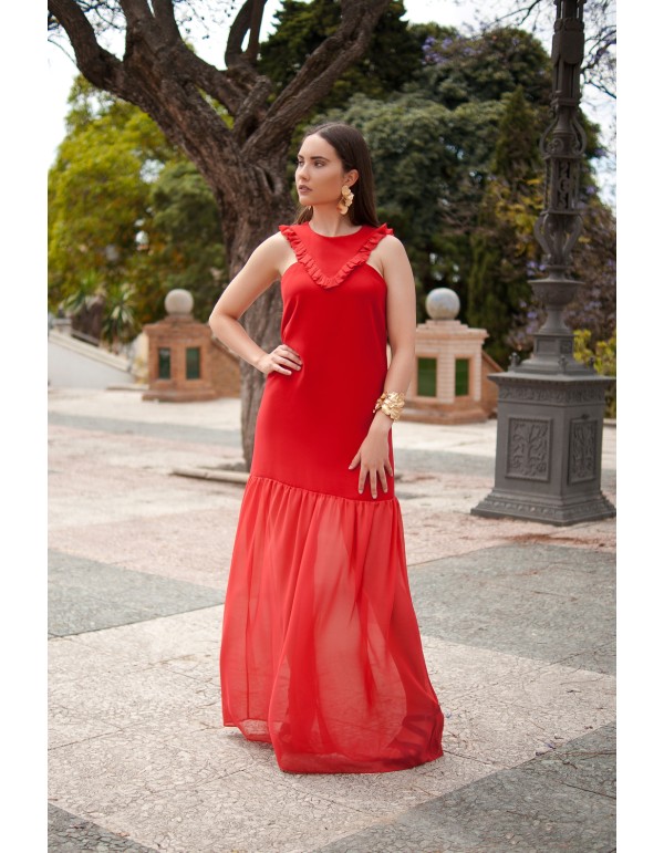 Vestido largo de invitada con volantes y cadera baja