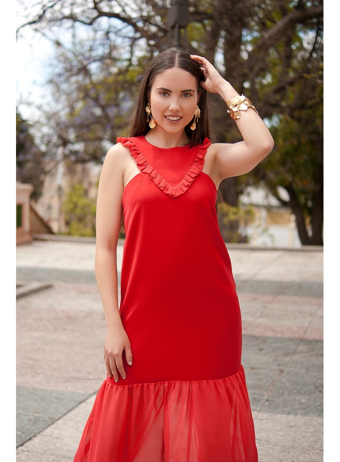 Vestido largo de invitada con volantes y cadera baja color rojo