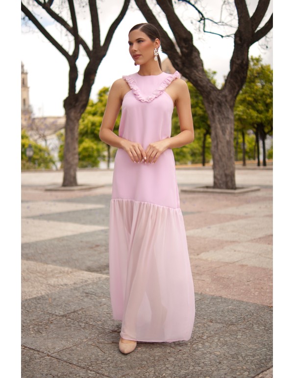 Robe longue pour invitée avec volants et hanches basses