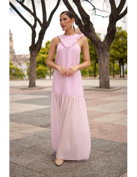 Robe longue pour invitée avec volants et hanches basses
