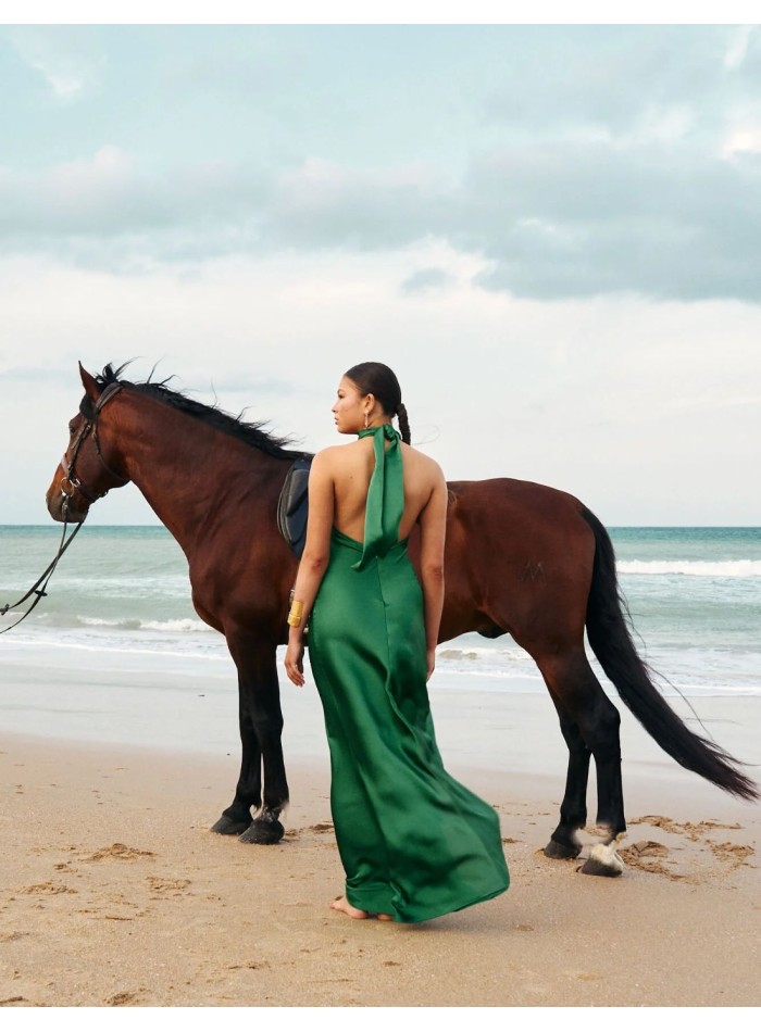 Vestido de fiesta largo satinado con cuello halter y espalda descubierta