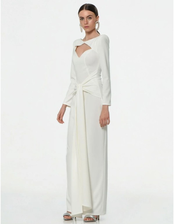 Long white wedding dress with long sleeves and cut-out...