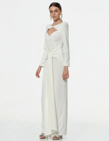 Long white wedding dress with long sleeves and cut-out neckline