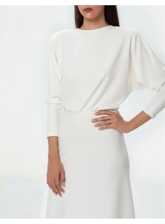 White midi dress with bat sleeves and boat...