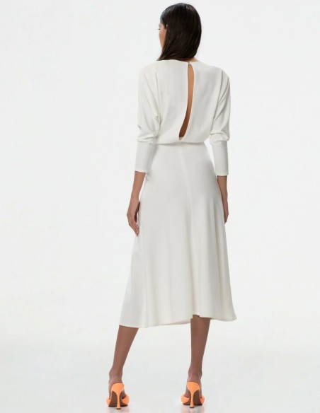 White midi dress with bat sleeves and boat neckline