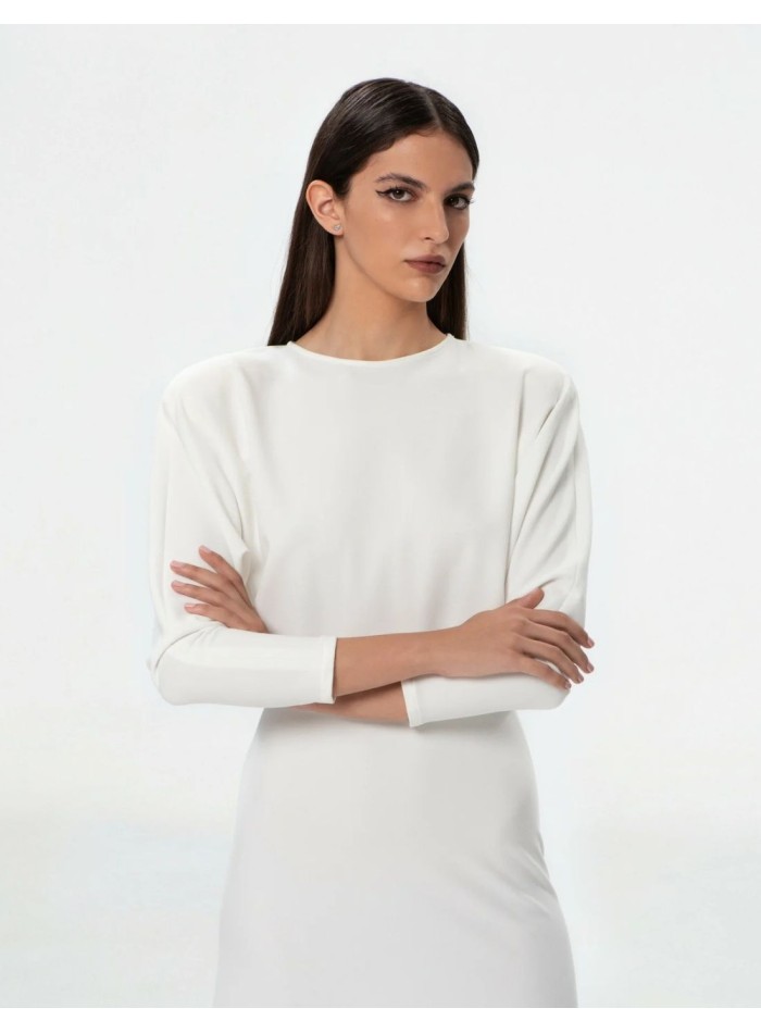 White midi dress with bat sleeves and boat...