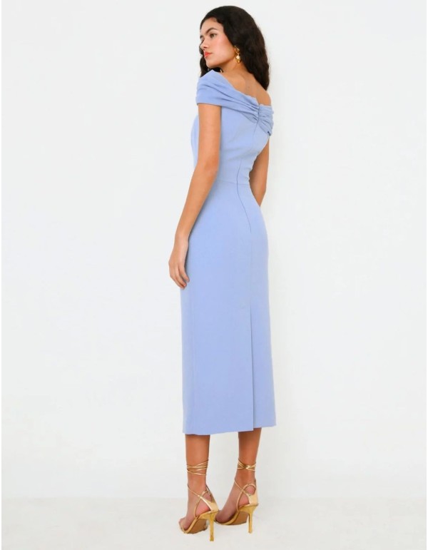 Blue midi party dress with draped bandeau neckline 2