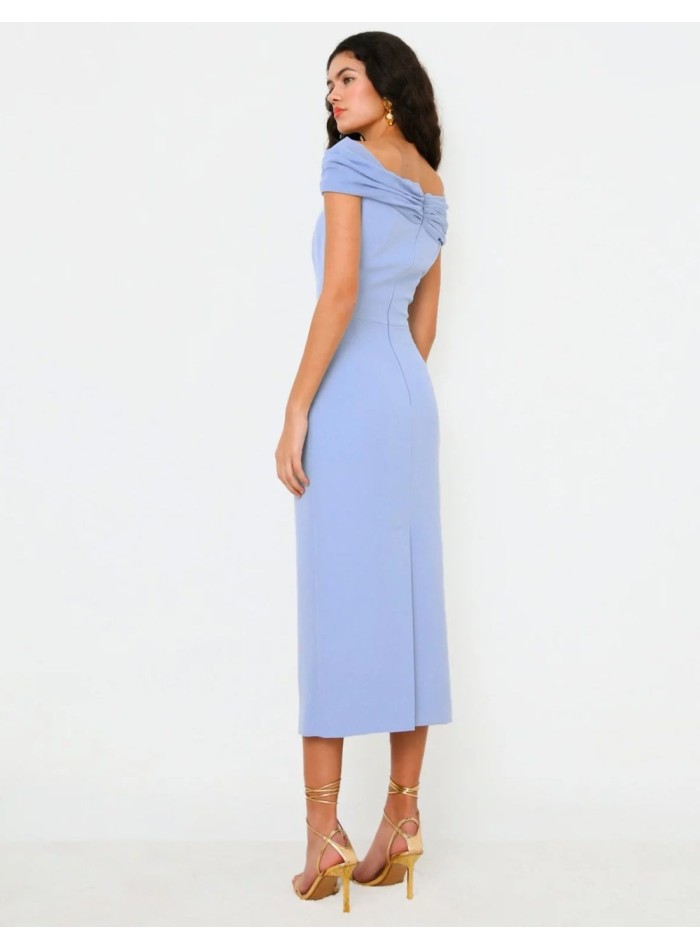 Blue midi party dress with draped bandeau neckline