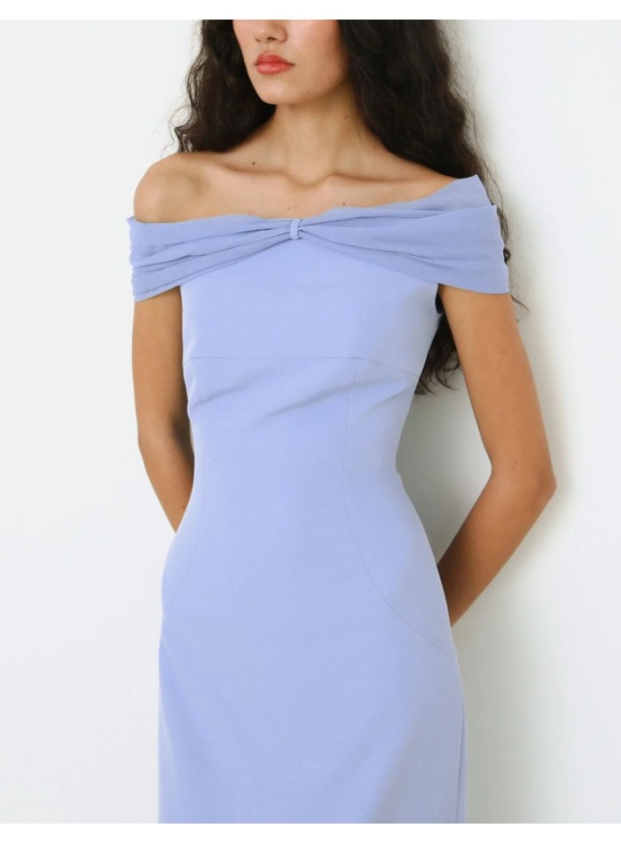 Blue midi party dress with draped bandeau neckline