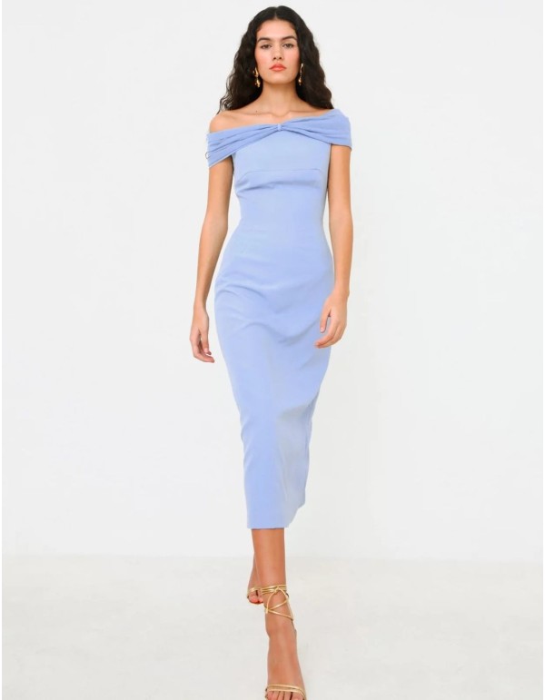 Blue midi party dress with draped bandeau neckline