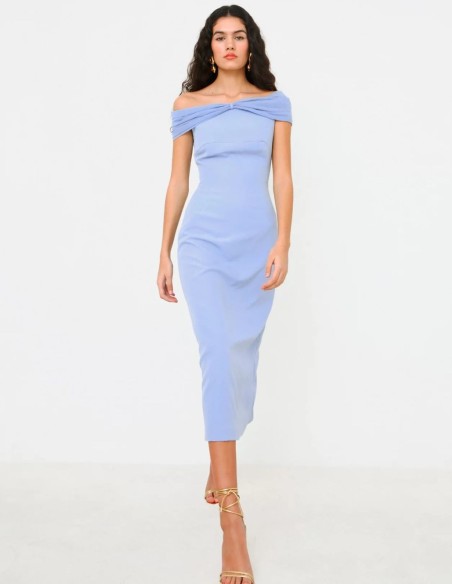 Blue midi party dress with draped bandeau neckline
