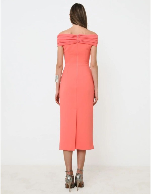 Coral midi party dress with bandeau neckline 2