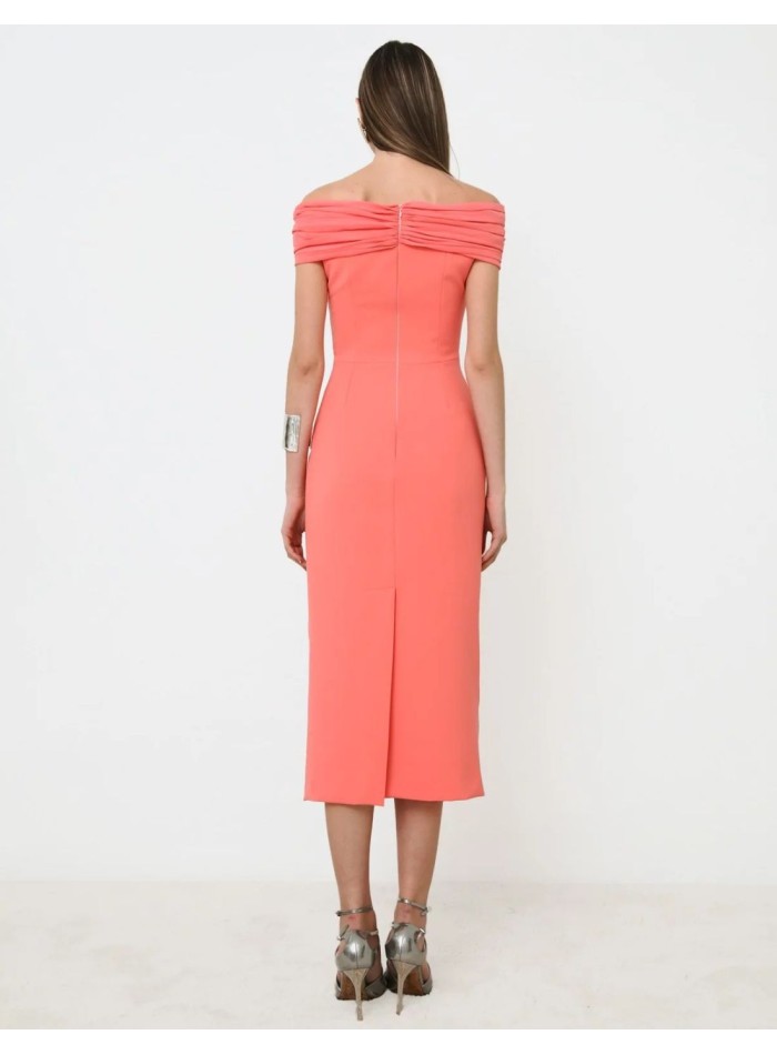 Coral midi party dress with bandeau neckline