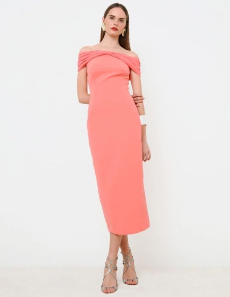 Coral midi party dress with bandeau neckline