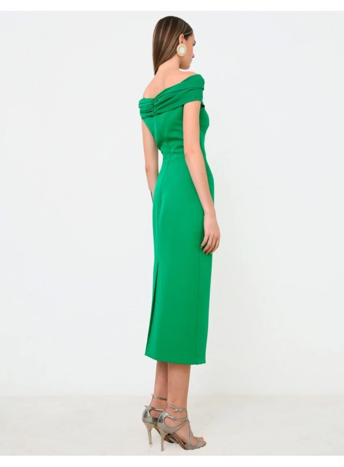 Vestido midi verde de fiesta con escote bandeau drapeado para eventos