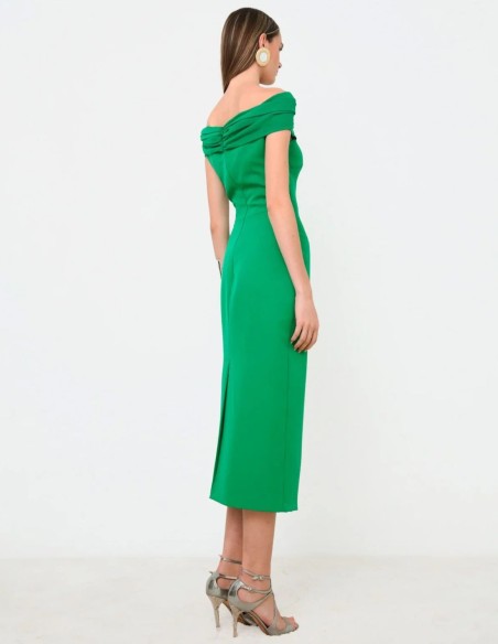 Green midi party dress with draped bandeau neckline