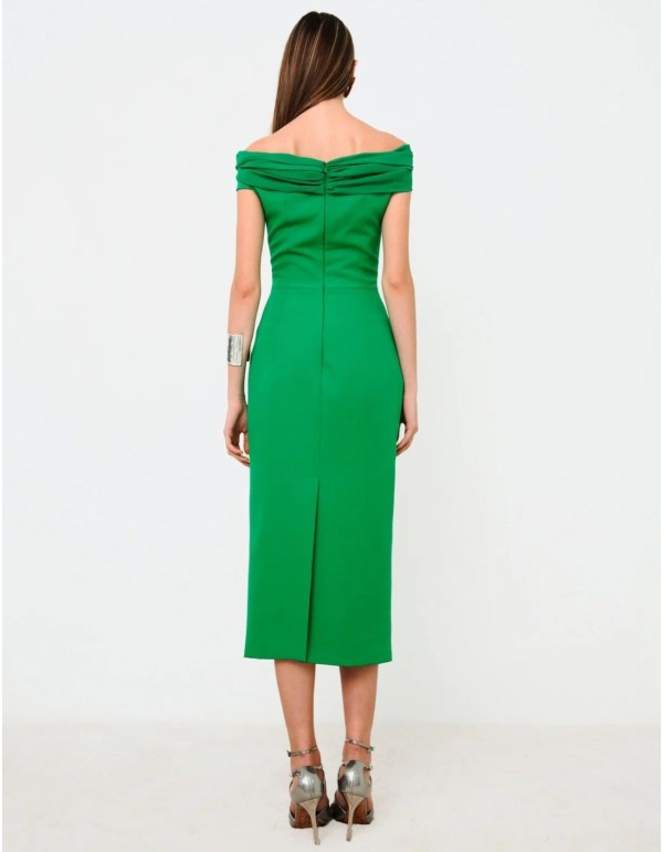 Vestido midi verde de fiesta con escote bandeau drapeado 2