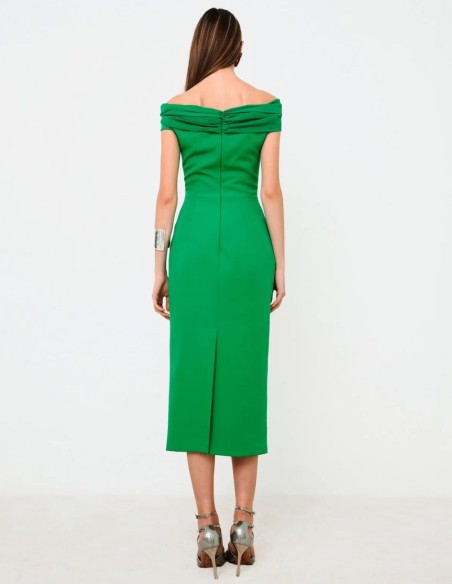 Robe de soirée midi verte avec encolure bandeau drapée