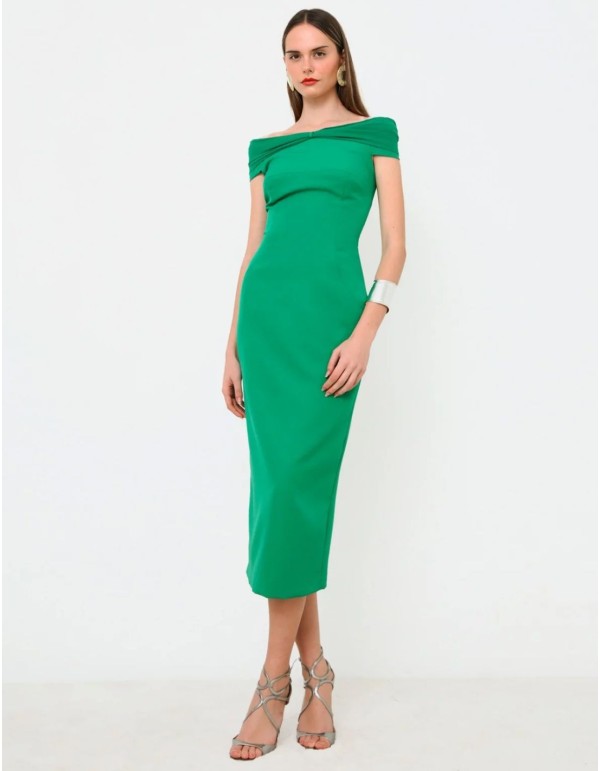 Vestido midi verde de fiesta con escote bandeau drapeado
