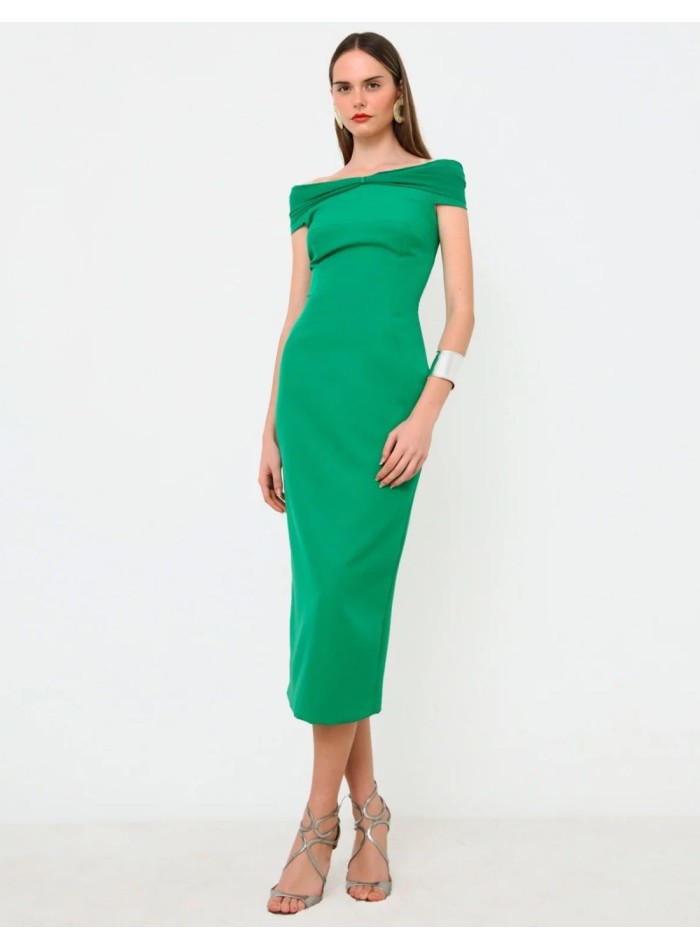 Vestido midi verde de fiesta con escote bandeau drapeado