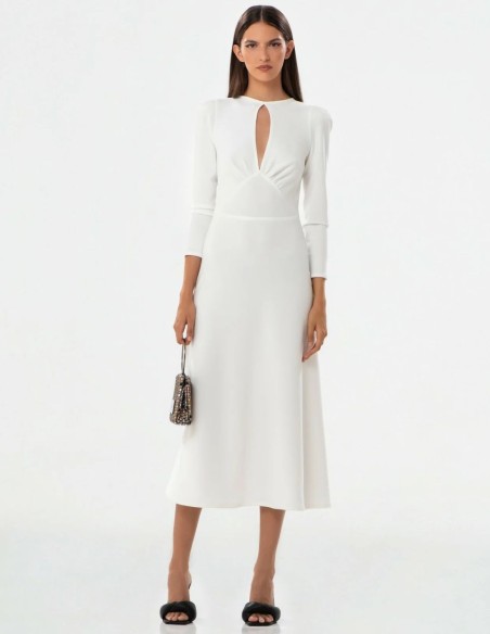 White midi dress with french sleeves and tear-drop neckline