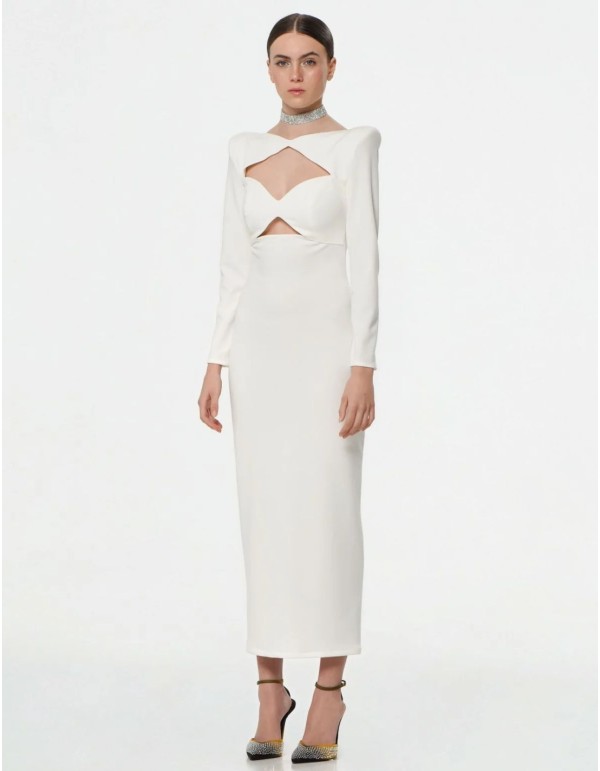 Vestido midi blanco con manga larga y escote cut-out 2