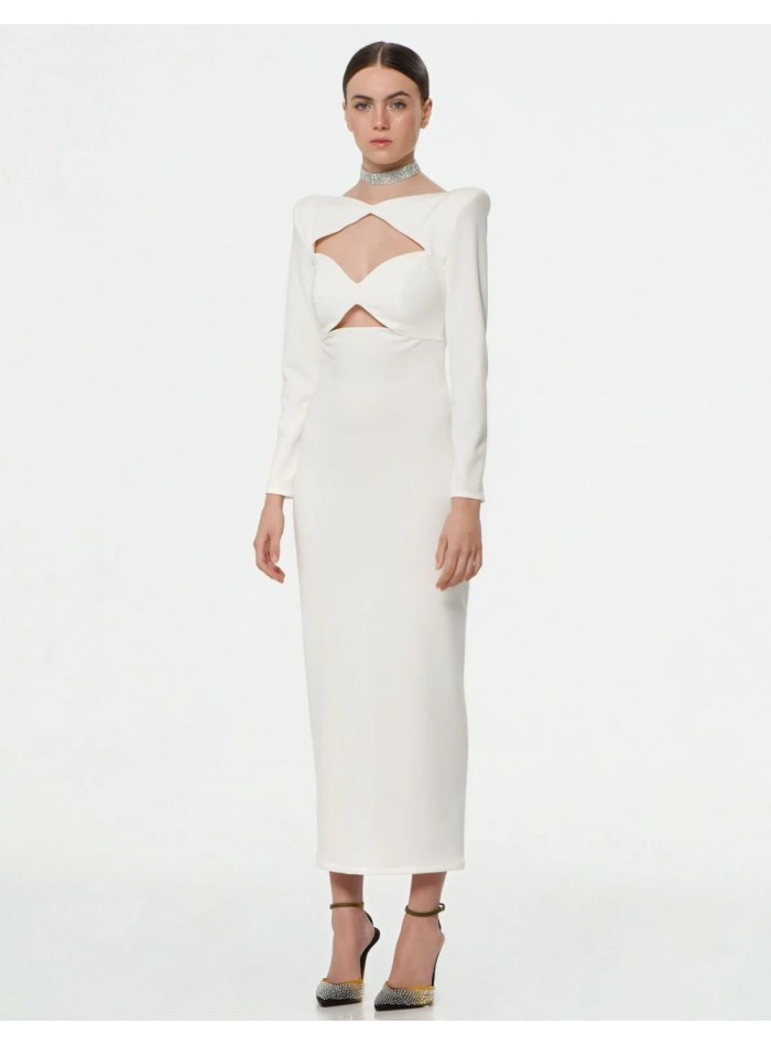 White midi dress with long sleeves and cut-out...