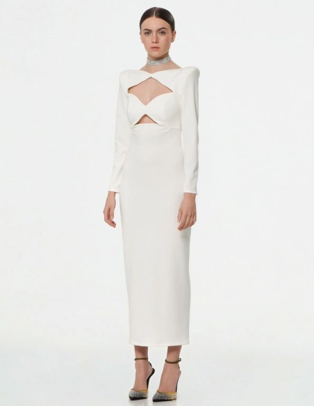 Vestido midi blanco con manga larga y escote cut-out para novia civil
