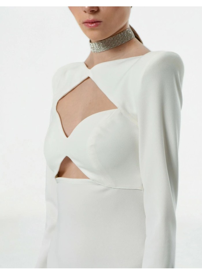 Robe midi blanche à manches longues et encolure...