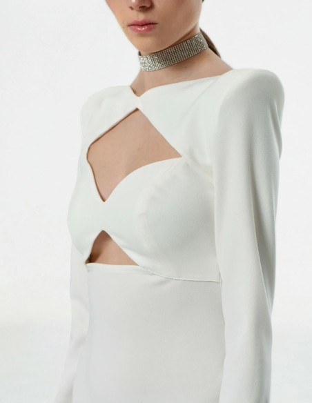 White midi dress with long sleeves and cut-out neckline