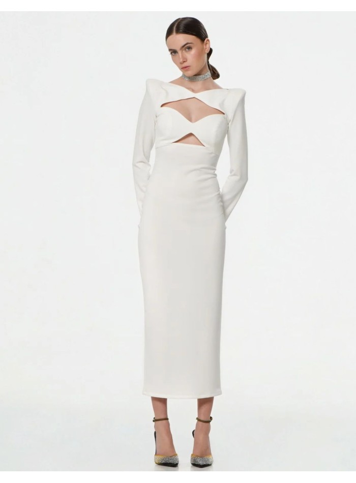 Vestido midi blanco con manga larga y escote cut-out