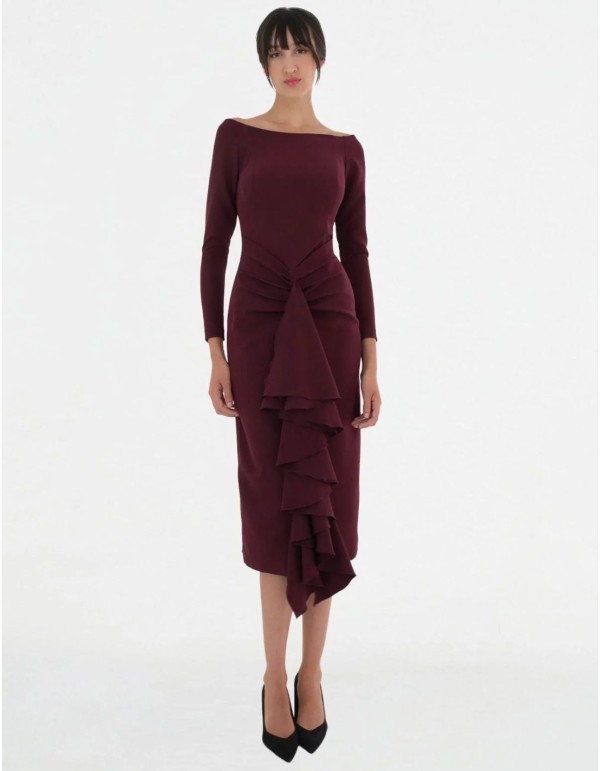 Garnet cocktail dress with long sleeves and draped center