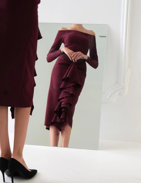 Garnet cocktail dress with long sleeves and draped center
