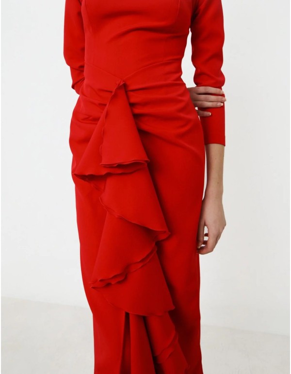 Red cocktail dress with bandeau neckline with ruffle and... 2