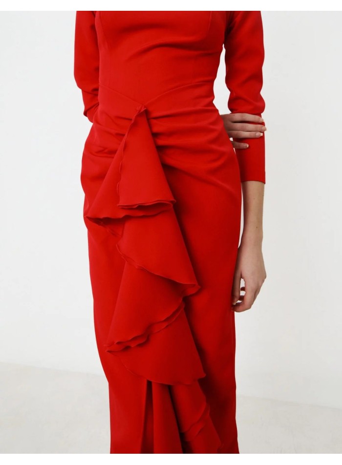 Red cocktail dress with bandeau neckline with...